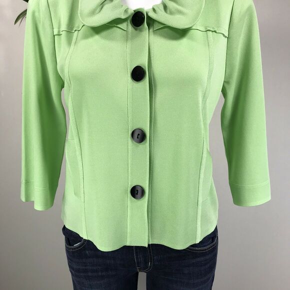 Ming Wang Knit Snap Cardigan Green Filament Acrylic Blouse Top Ruffle Size S‎ - Picture 3 of 11